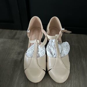 Peijely Elegant Beige T-Strap Heels, Size 36 , brand New